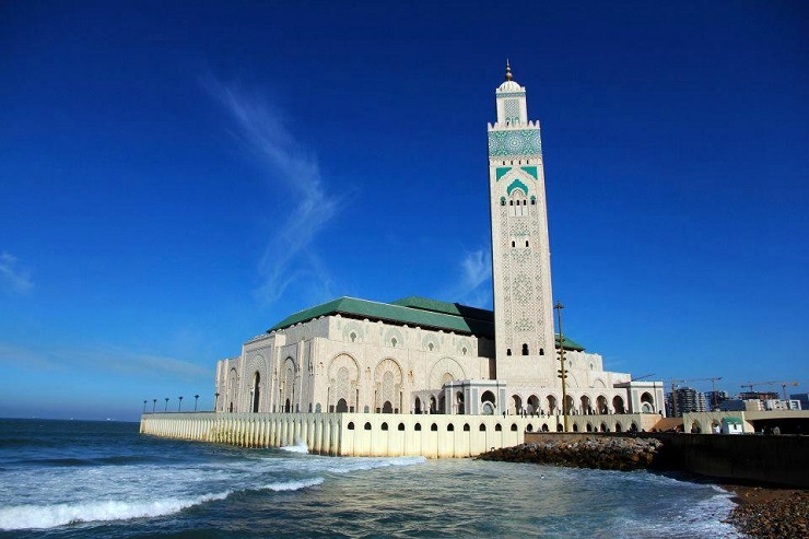 Hassan II Mosque with its minaret overlooking the Atlantic Ocean in Casablanca.
