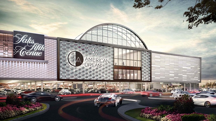 American Dream mall exterior with modern architecture and crowds.
