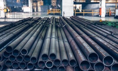 Stack of steel pipes at a factory