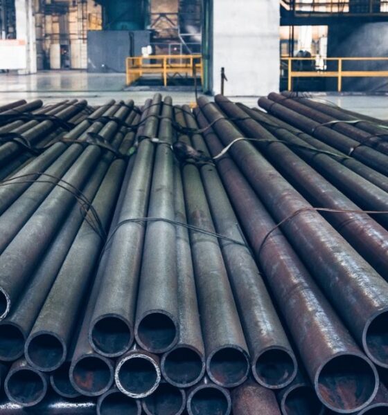 Stack of steel pipes at a factory