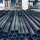Stack of steel pipes at a factory