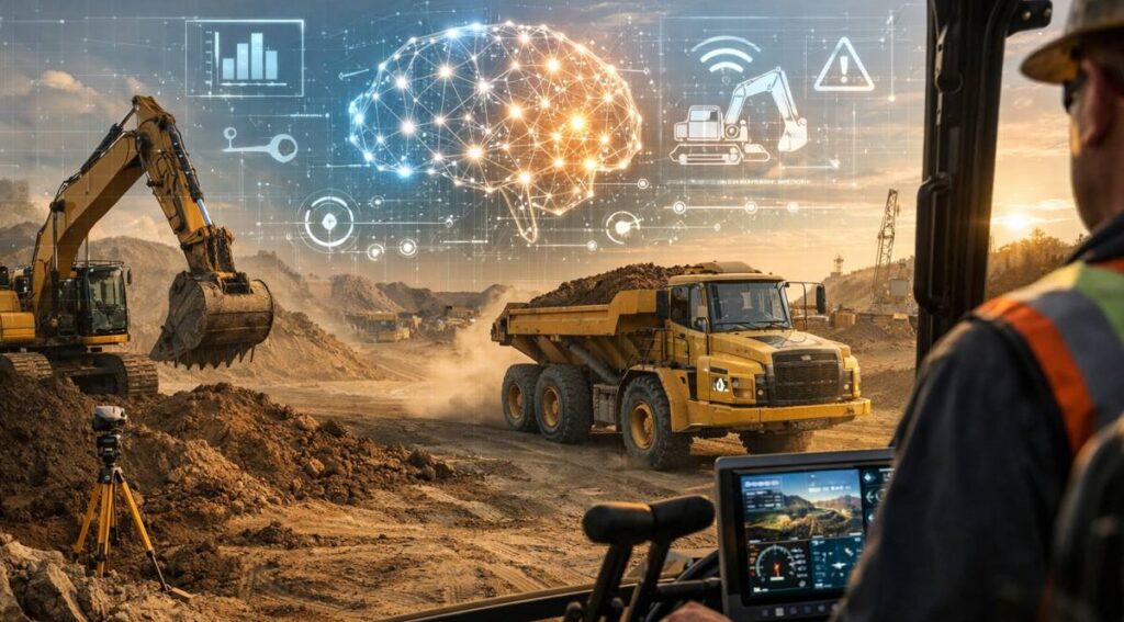 Cat AI Assistant dashboard on a construction machine, illustrating Caterpillar’s industrial AI solution.