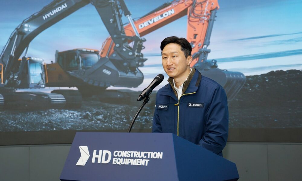 Develon and Hyundai excavators lined up, representing next-generation construction equipment.