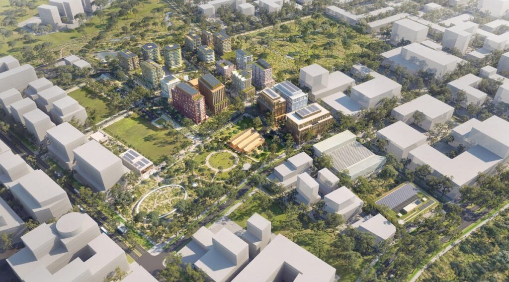 Architectural rendering of Bradfield City showing modern high-rise buildings, landscaped public spaces, and tree-lined streets.